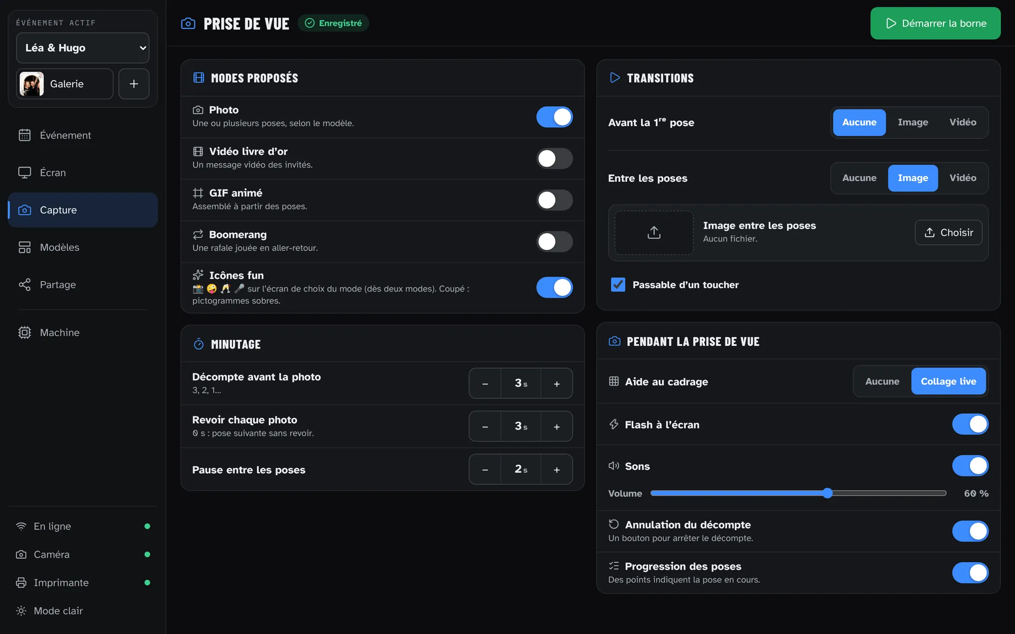 Le cockpit de la borne Froozbooth : modes, décompte, flash et sons de la prise de vue.