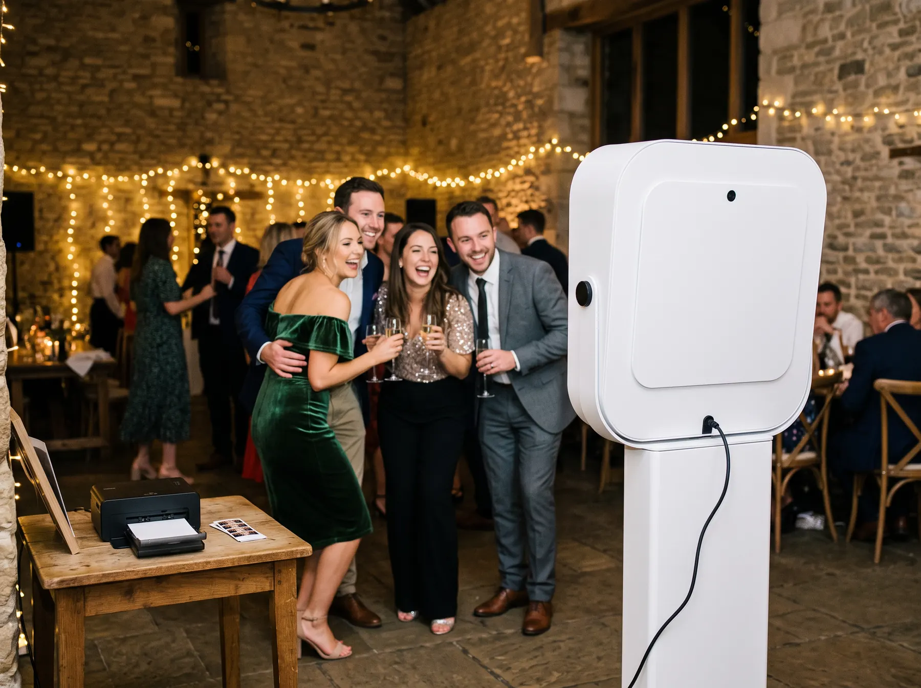 Des invités posent face à une borne photo lors d’un mariage, vue de dos au premier plan ; une imprimante attend à côté.