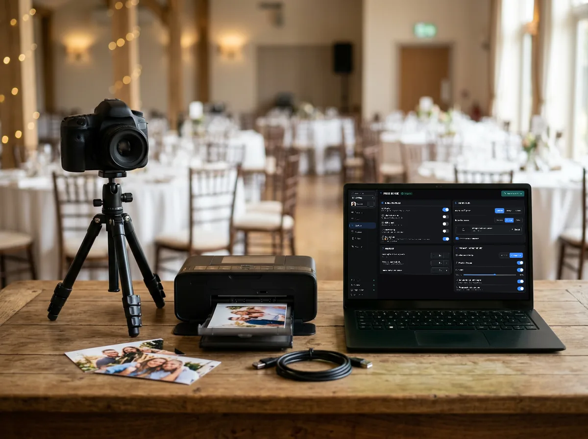 Le matériel d’une borne sur une table : un reflex Canon sur trépied, une imprimante à sublimation et un PC Windows qui affiche le cockpit Froozbooth.
