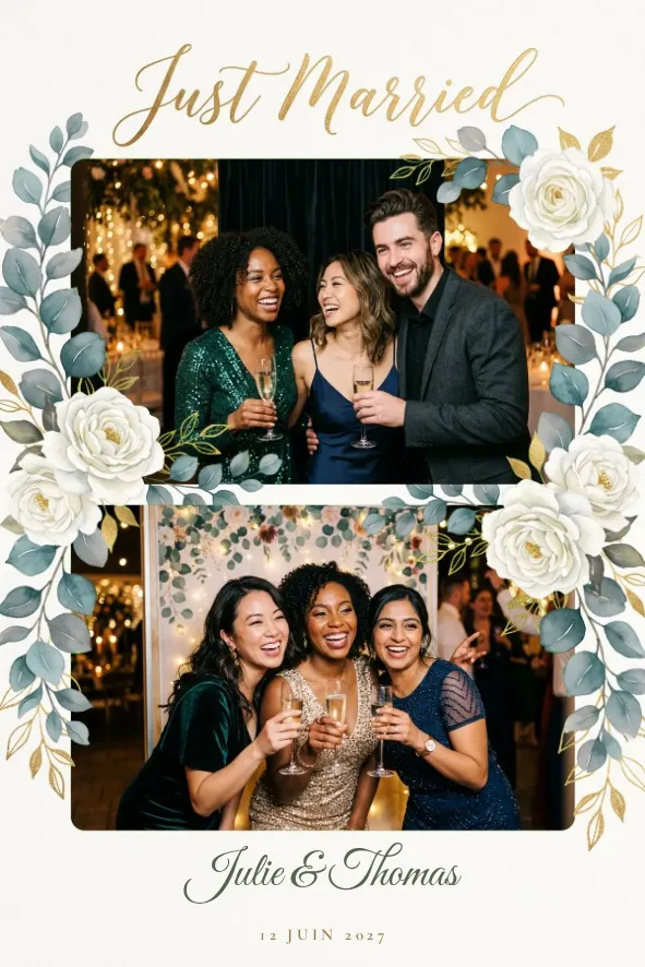 Modèle photobooth « Just Married eucalyptus »